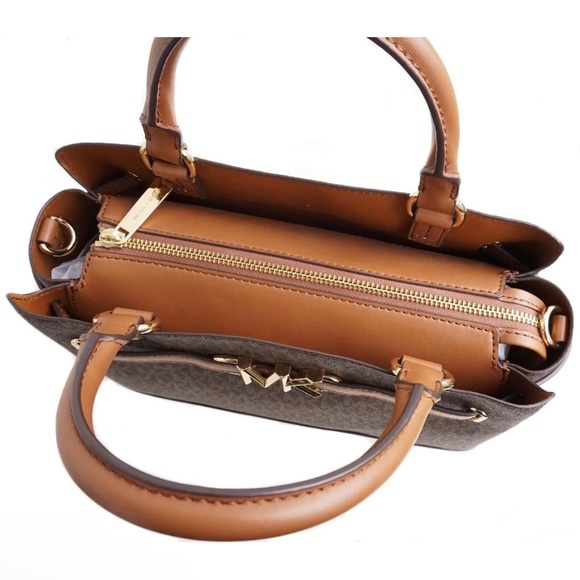 Michael Kors Reed Large Belted Satchel Bag Purse Brown MK Signature - Picture 5 of 8